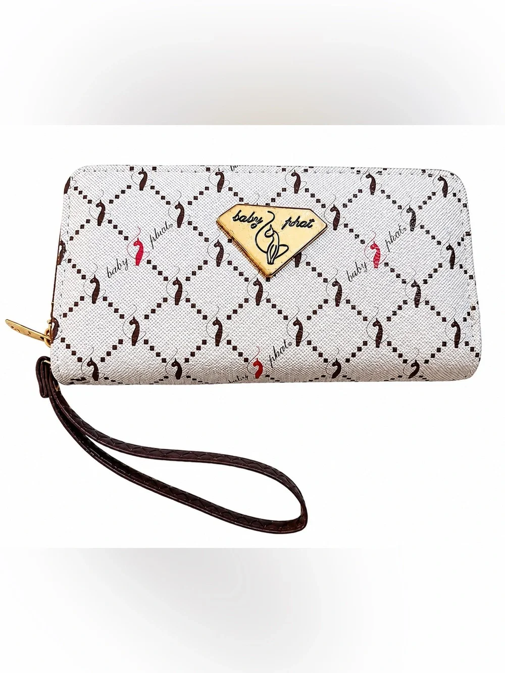 Baby Phat Y2K Monogram Cat Logo Zip Around Wristlet Wallet Clutch Brown Tan